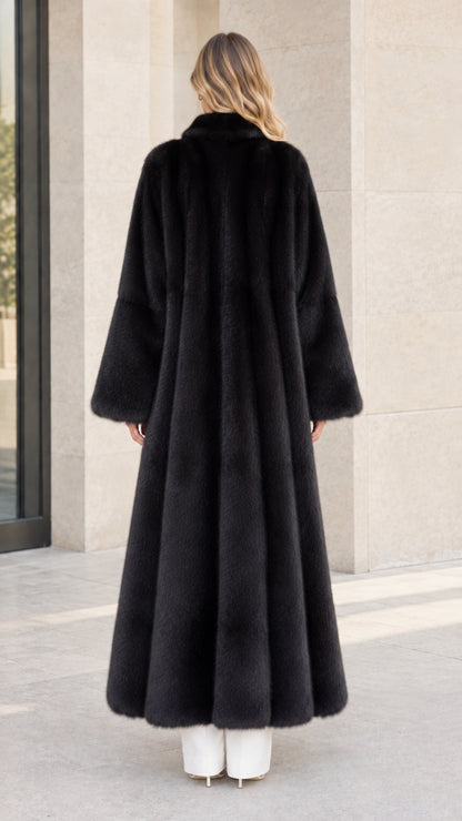 Back view of floor-sweeping black faux fur coat showing silhouette