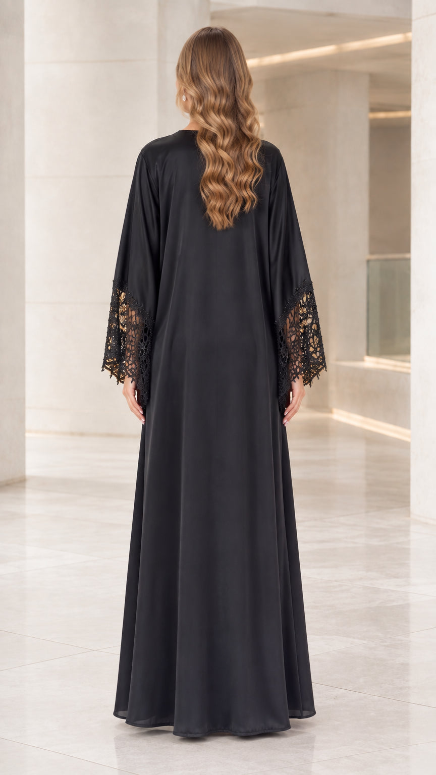 Back view of the black floor-length satin duster robe and evening gown