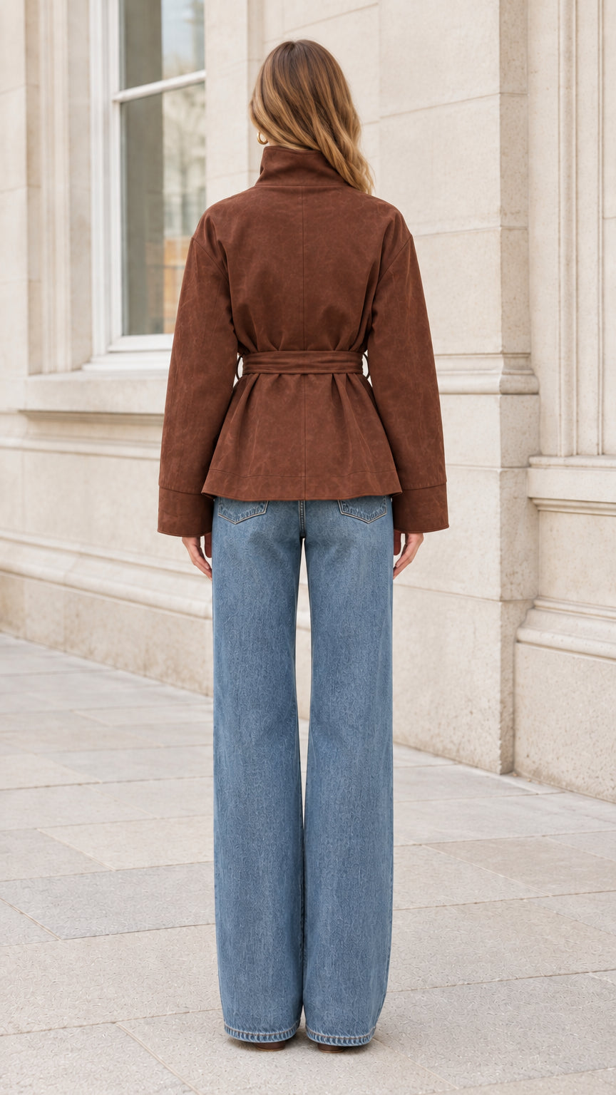Back view of model wearing brown belted short jacket