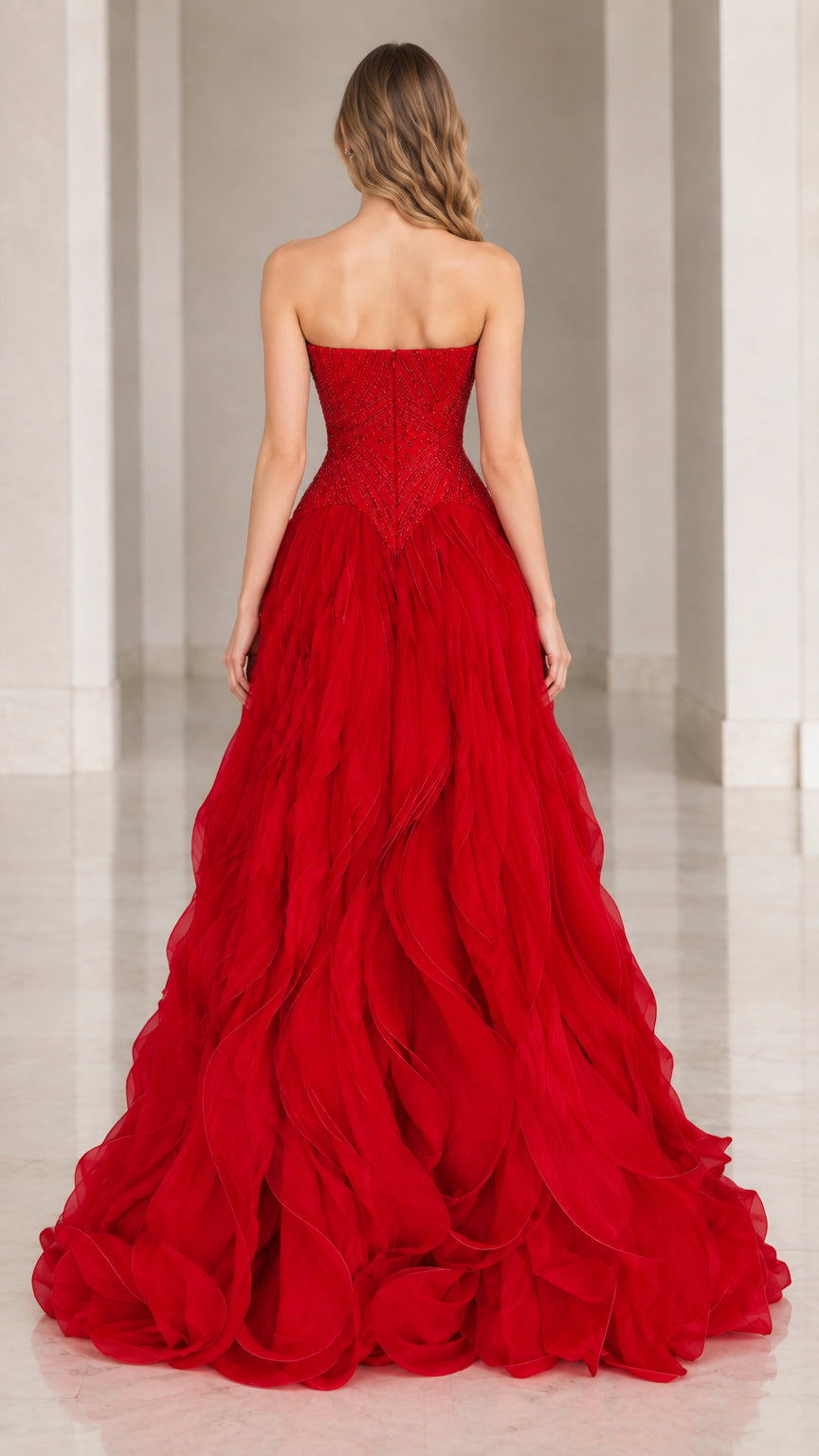 Back view of woman wearing Red Halter Neck Cascading Ruffle Evening Dress