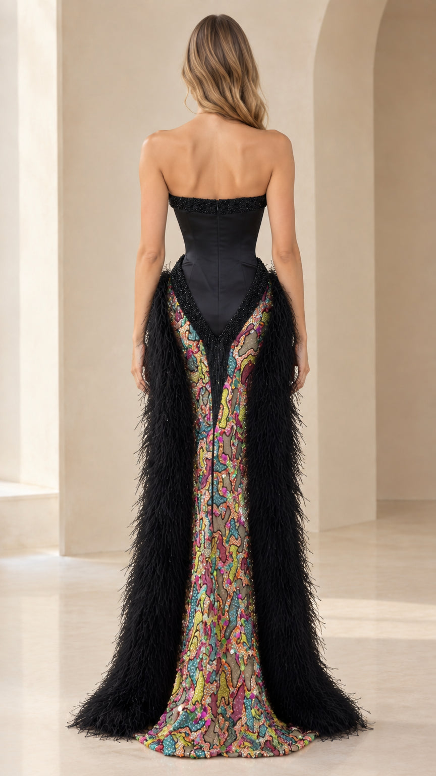Back view of black strapless basque waist evening gown with sequin skirt and feather wrap