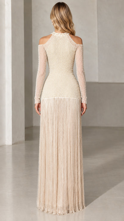 Champagne pearl embellished long sleeve maxi gown back view
