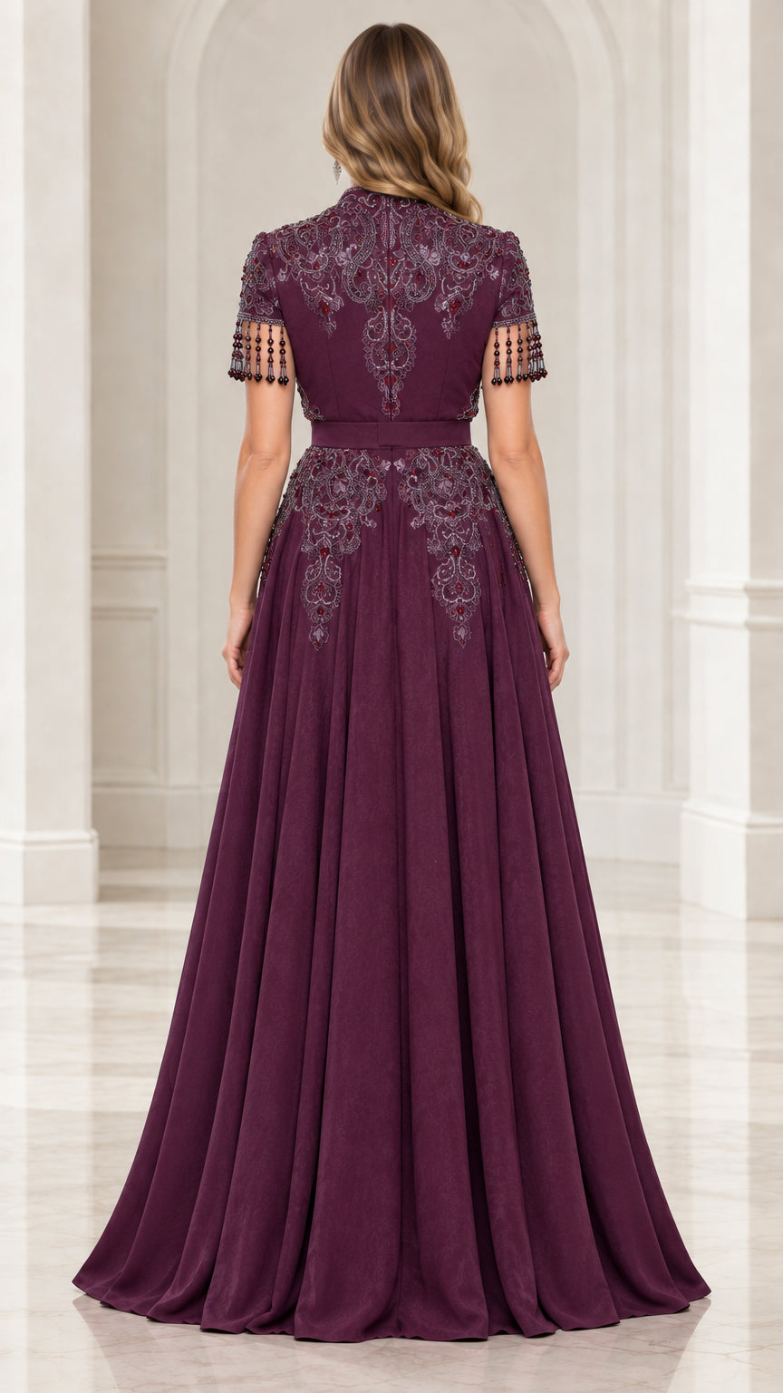 Back view of plum evening dress showing back embroidery and zip closure