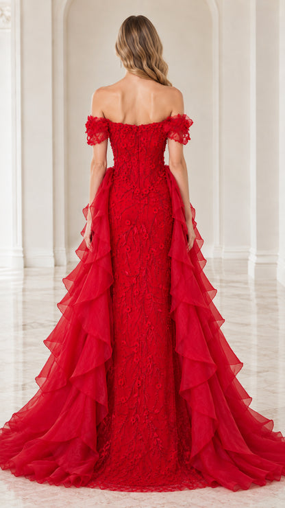 Back view of red beaded off-the-shoulder gown displaying long flowing train