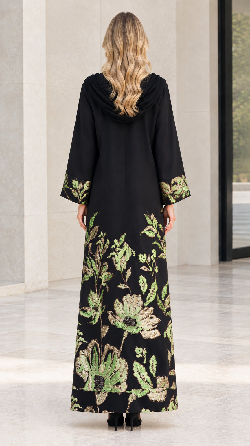 Back view of model showing full-length drape of Black floral abaya