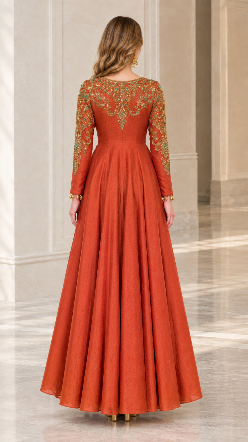 Back view of woman wearing a Rust Orange long sleeve formal maxi dress