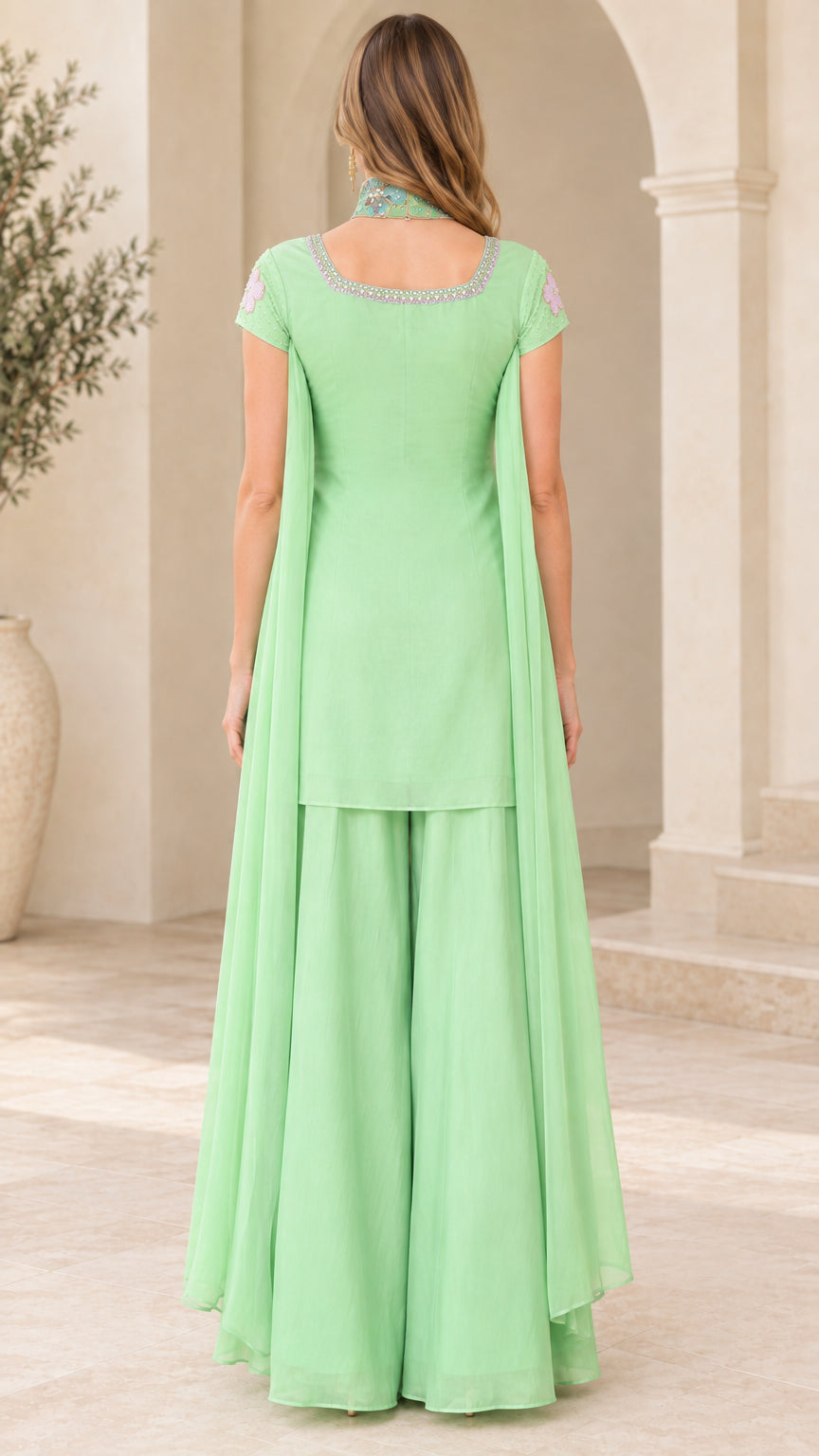 Back view of model in Mint Green two-piece set with draped tunic and palazzo pants