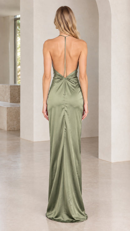 Back view of sage green backless plunge halter evening dress