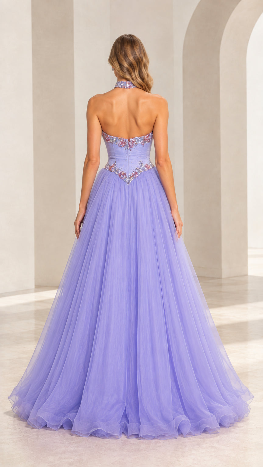 Back view of model in lavender strapless ball gown with structured bodice