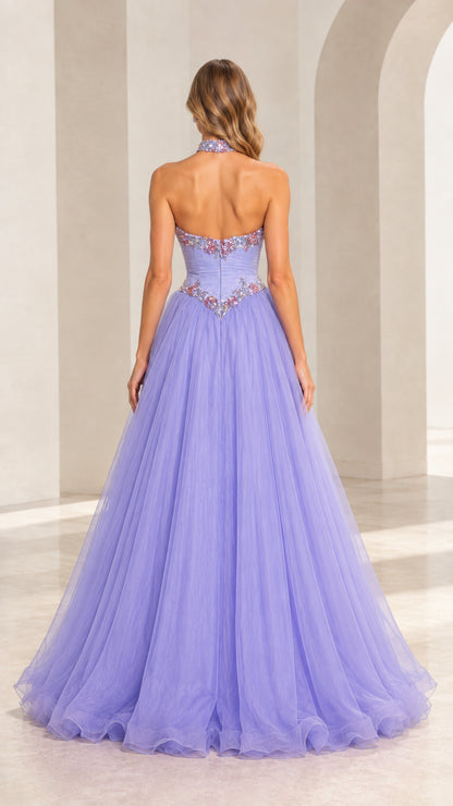Back view of model in lavender strapless ball gown with structured bodice