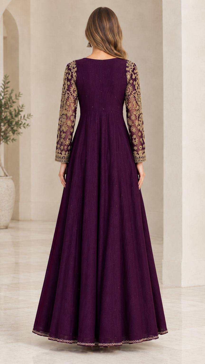 Back view of deep purple floor-length dress showcasing sheer embroidered sleeves and back panel
