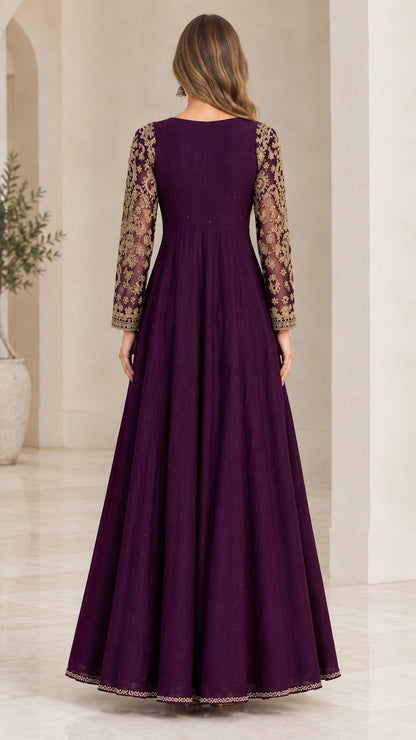 Back view of deep purple floor-length dress showcasing sheer embroidered sleeves and back panel