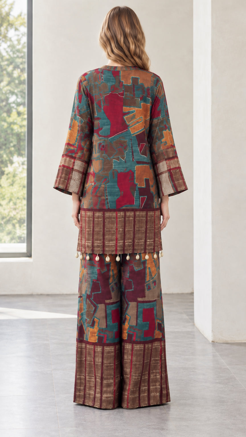 Back view of model in burgundy print longline tunic and wide-leg trousers