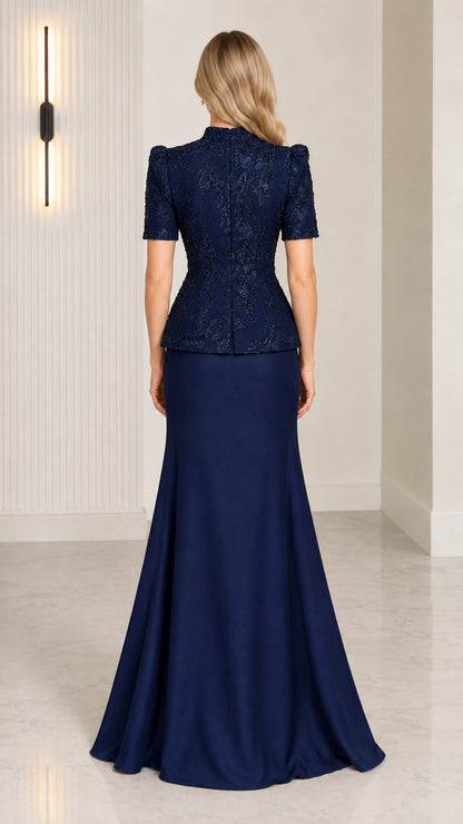 Back view of model in Navy Blue short sleeve formal maxi dress