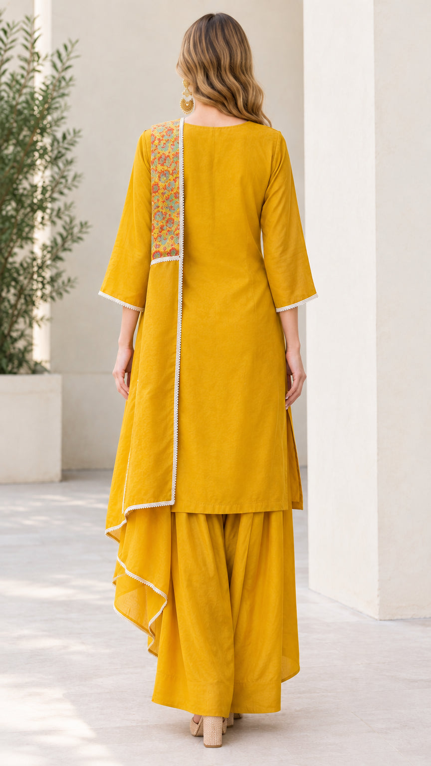 Back view of Mustard Yellow two-piece ethnic set showing asymmetrical hem