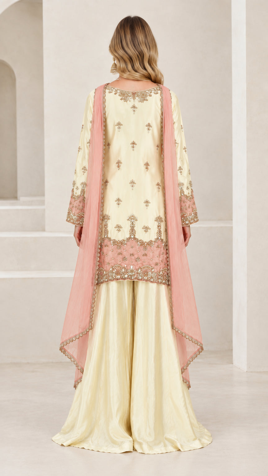Back view of cream festive sharara suit set showing drape and dupatta