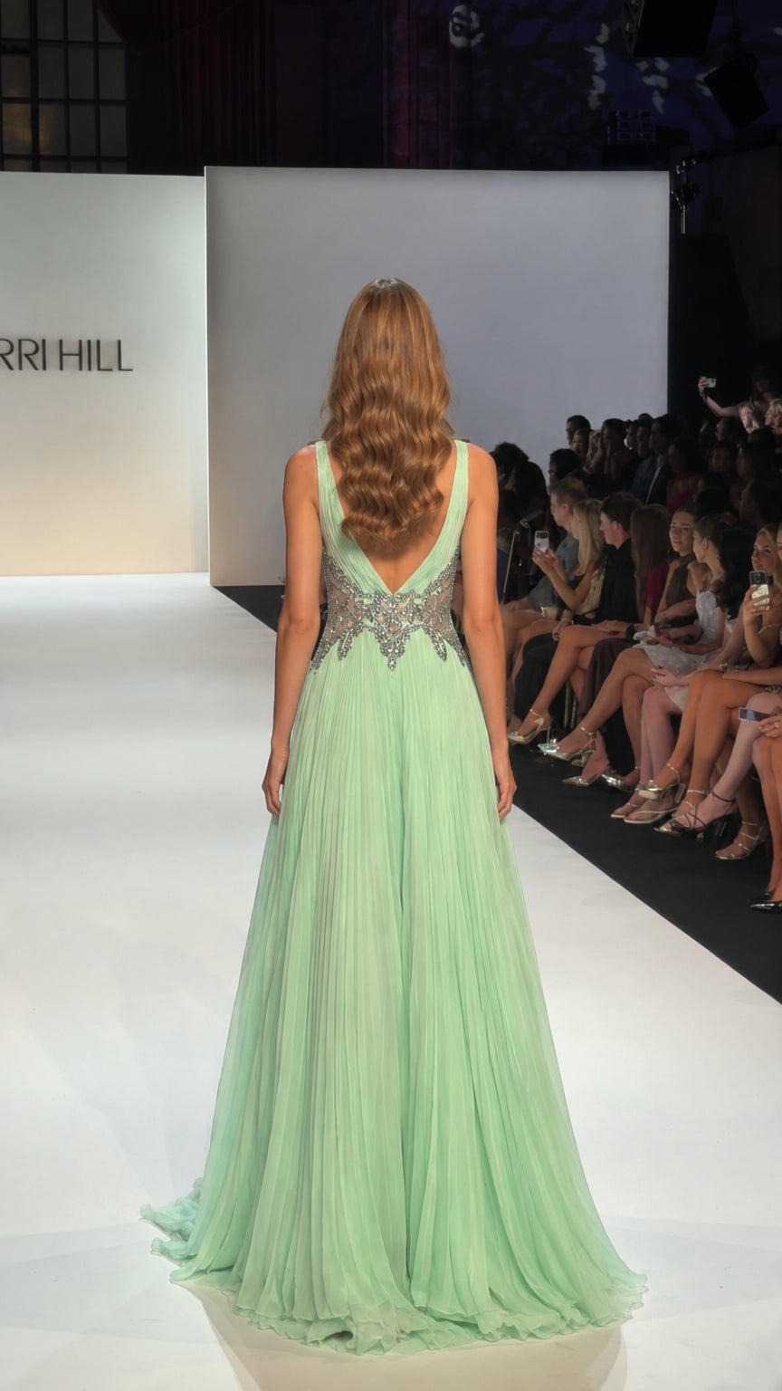 Mint green floor-length evening gown showing the pleated back and V-shaped back opening