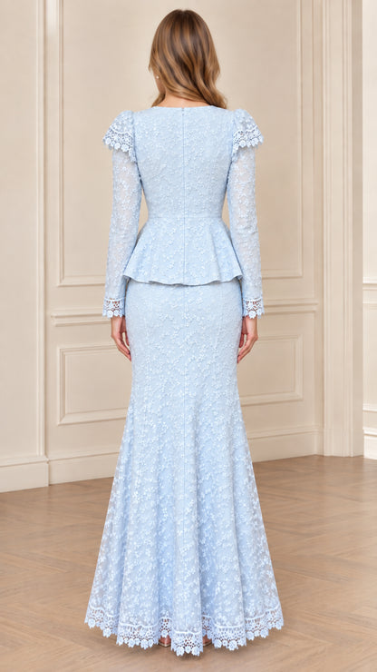Light Blue floral lace two-piece peplum gown set - back view