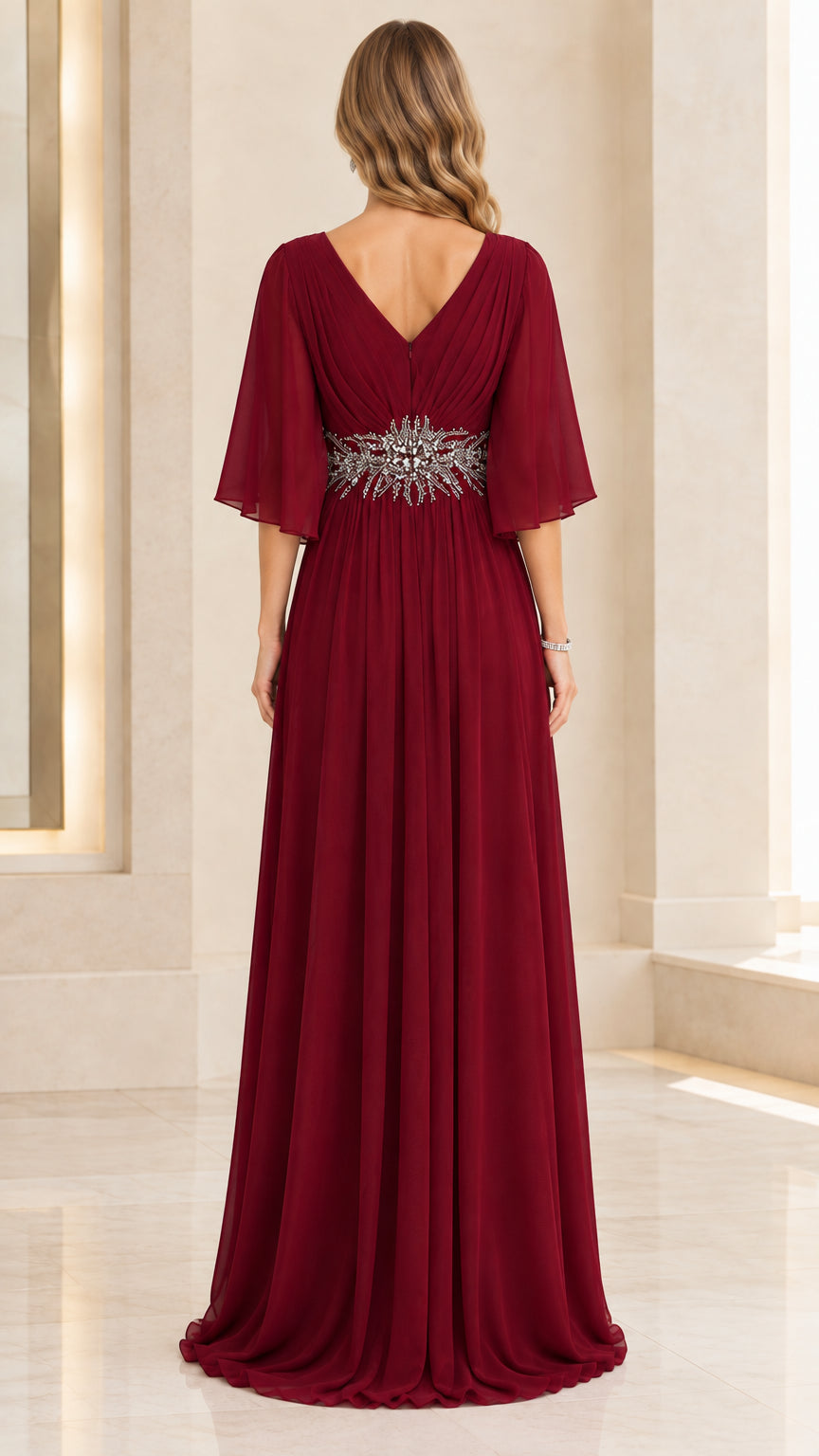 Back view of burgundy V-neck evening gown featuring elegant back neckline and concealed zipper