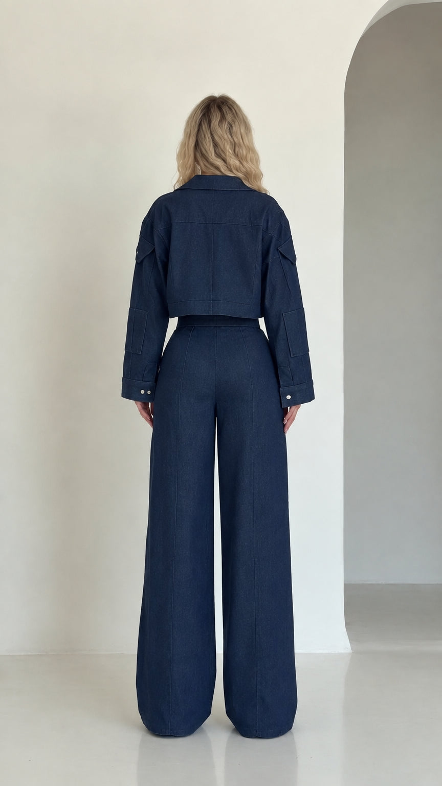 Rear full view of navy blue cropped jacket and wide-leg trousers set