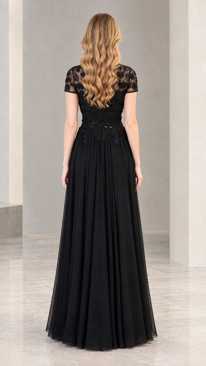 Black lace illusion short sleeve maxi dress back view