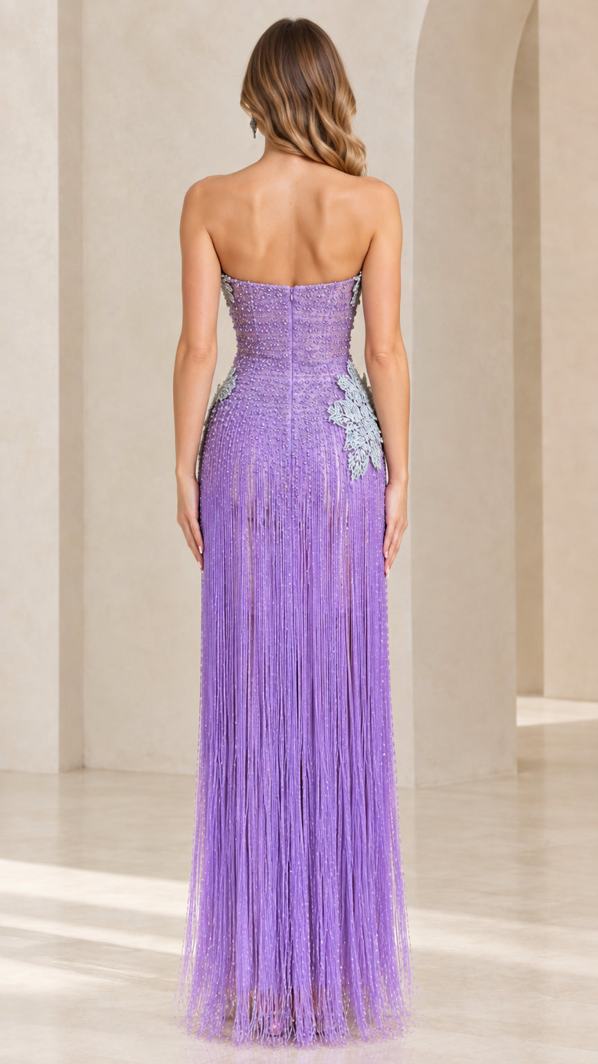 Back view of lavender strapless fringe evening gown showing back zipper closure
