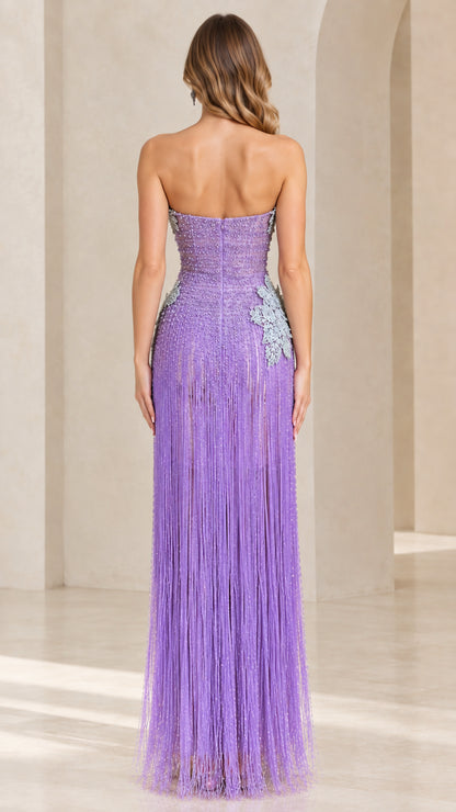 Back view of lavender strapless fringe evening gown showing back zipper closure