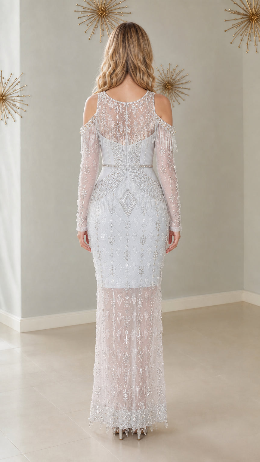 Back view of Ice Blue embellished cold shoulder evening gown