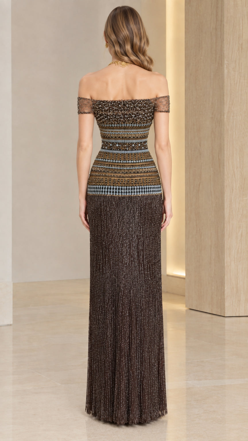 Back view of chocolate brown off-the-shoulder embellished maxi dress