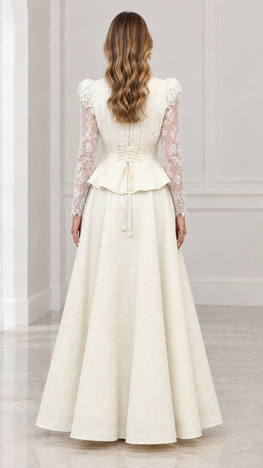 Back view of ivory peplum evening dress with waist tie detail