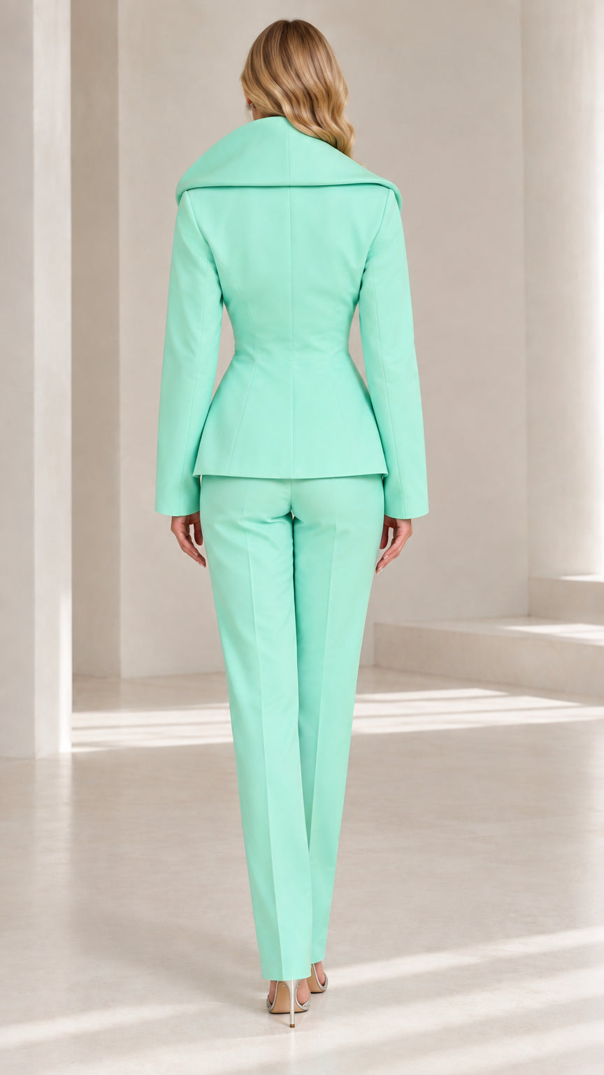Back view of model showcasing the sculpted collar and tailored waist of Mint Green suit