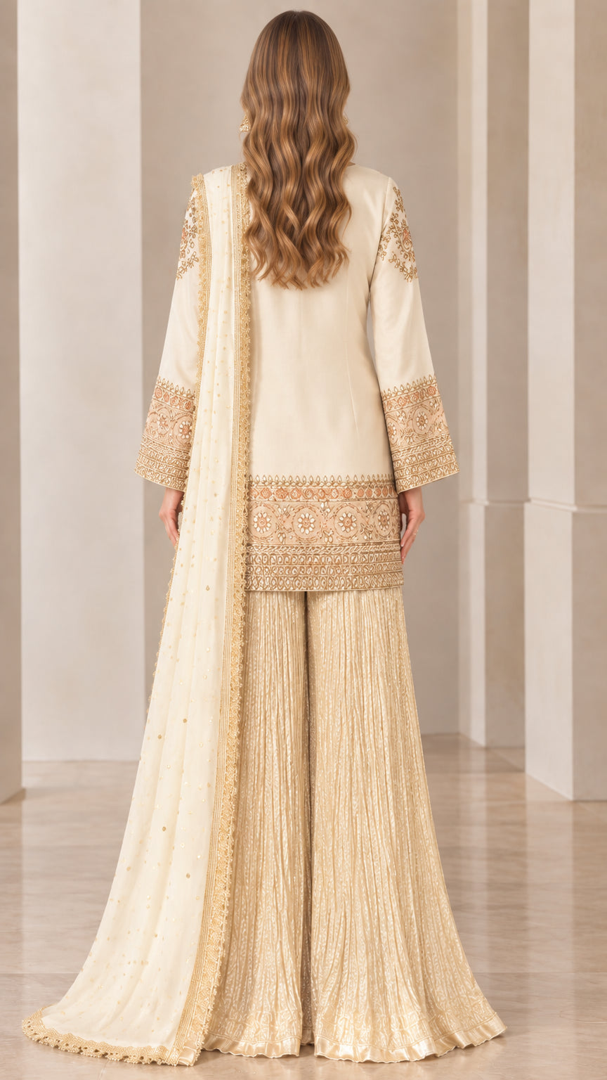Cream 3-piece sharara suit set back view showing floor-length drape