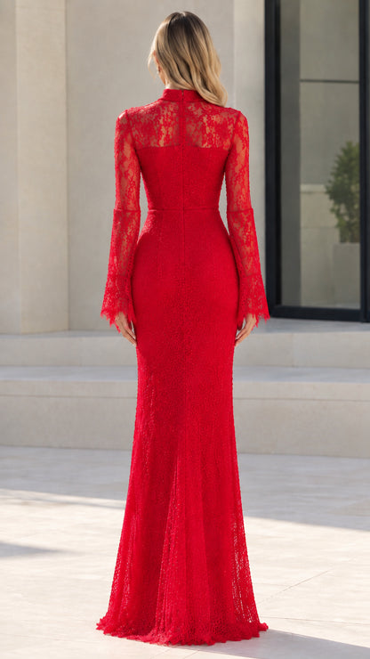Red long sleeve lace maxi dress back view with high collar