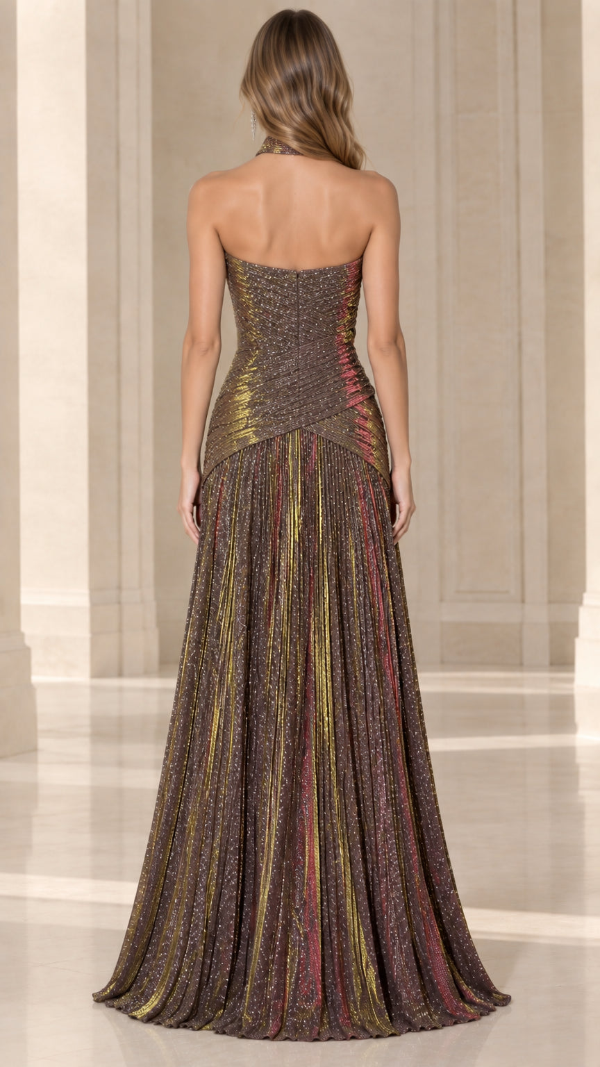 Back view of bronze cross halter evening gown with open back detail