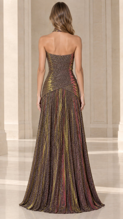 Back view of bronze cross halter evening gown with open back detail