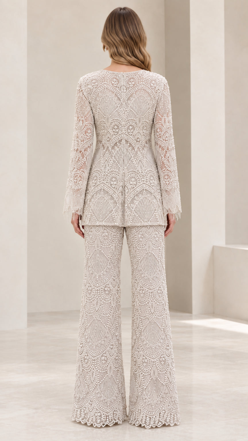 Back view of champagne lace evening pant suit