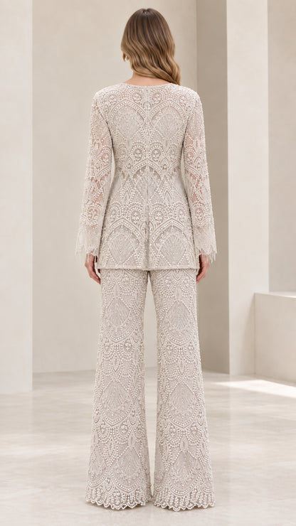 Back view of champagne lace evening pant suit
