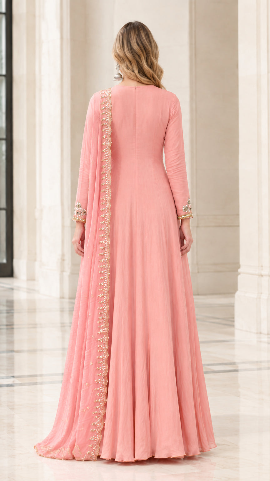Back view of Blush Pink floor-length evening Anarkali gown