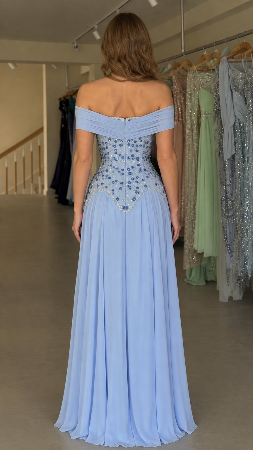 Light blue off-the-shoulder maxi dress back view with draped detail