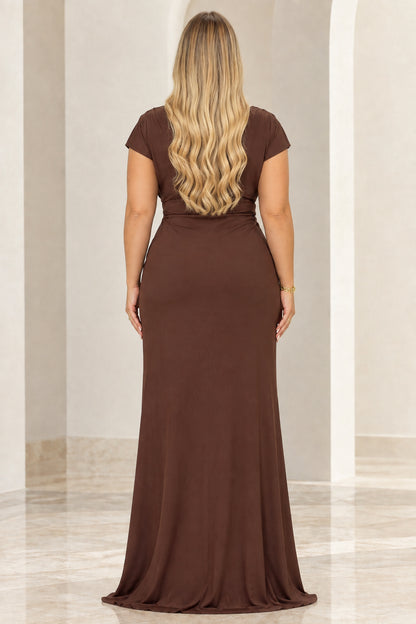 Back view of chocolate brown short-sleeve formal maxi dress