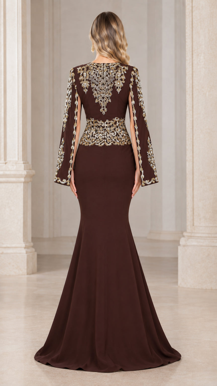 Back view of Chocolate Brown mermaid gown showing embroidered back and flared skirt