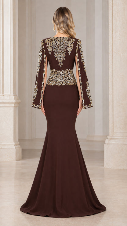 Back view of Chocolate Brown mermaid gown showing embroidered back and flared skirt