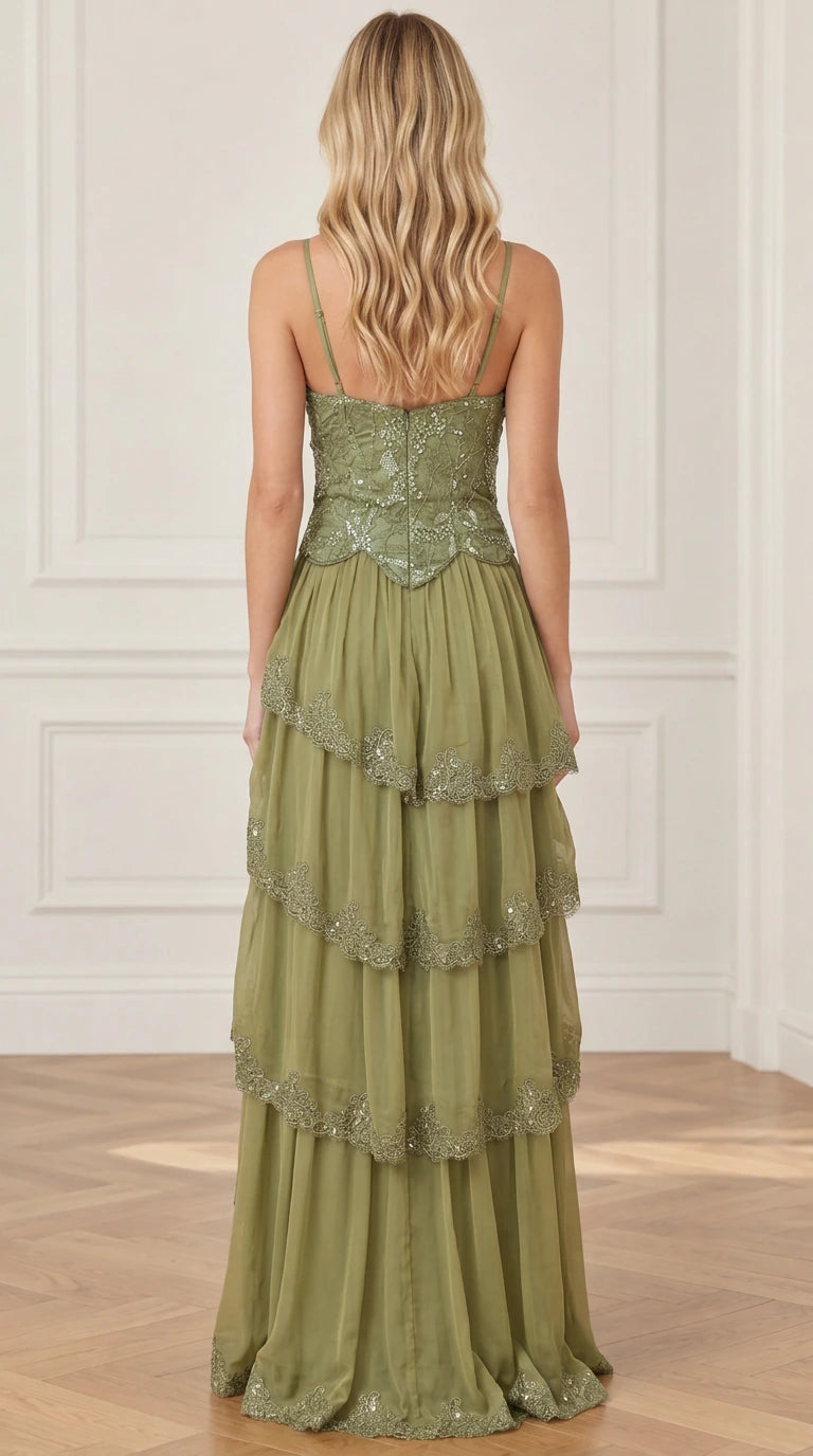Back view of olive green floor-length formal gown