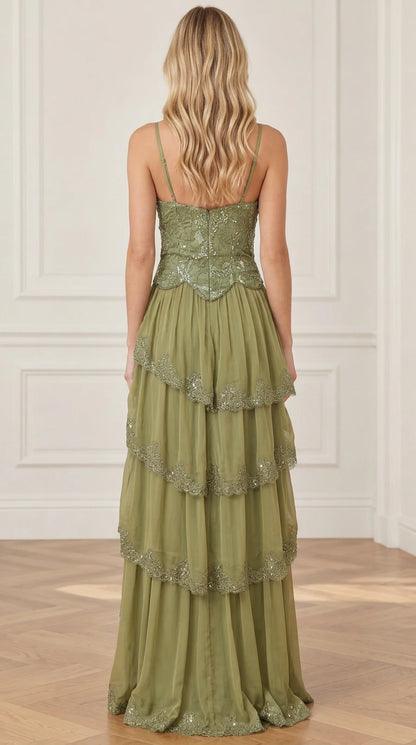Back view of olive green floor-length formal gown