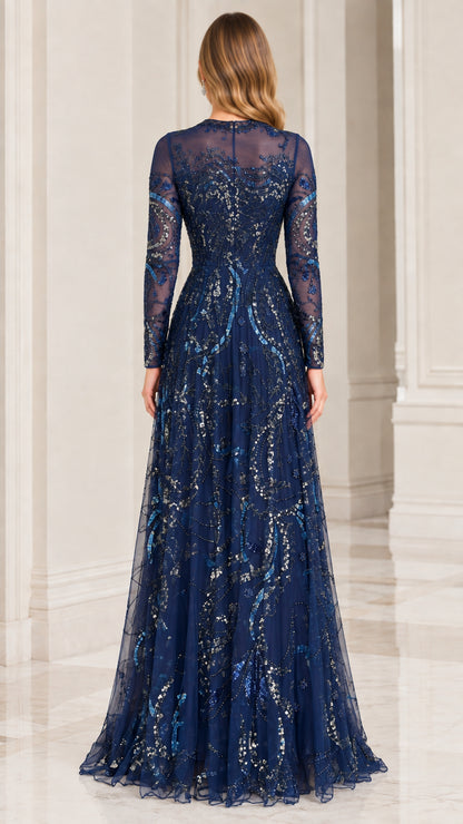 Back view of navy blue long sleeve sequin dress with illusion neckline