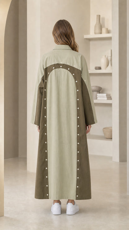 Back view of Sage Green colorblock maxi dress showing arched panel