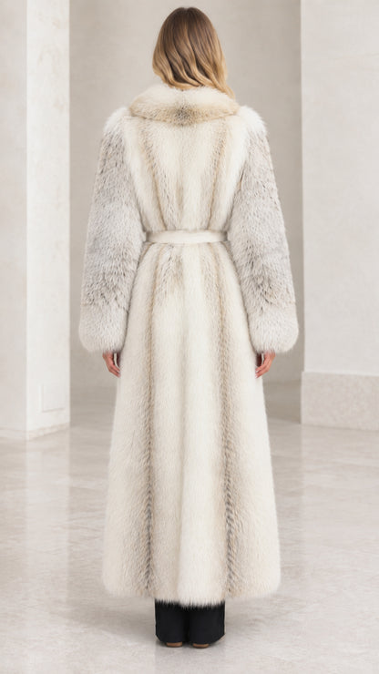 Back full-length view of Ivory Frost maxi faux fur coat with tie belt