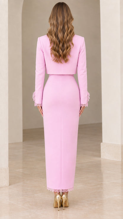 Back view of woman wearing Light Pink tailored bolero and column maxi dress
