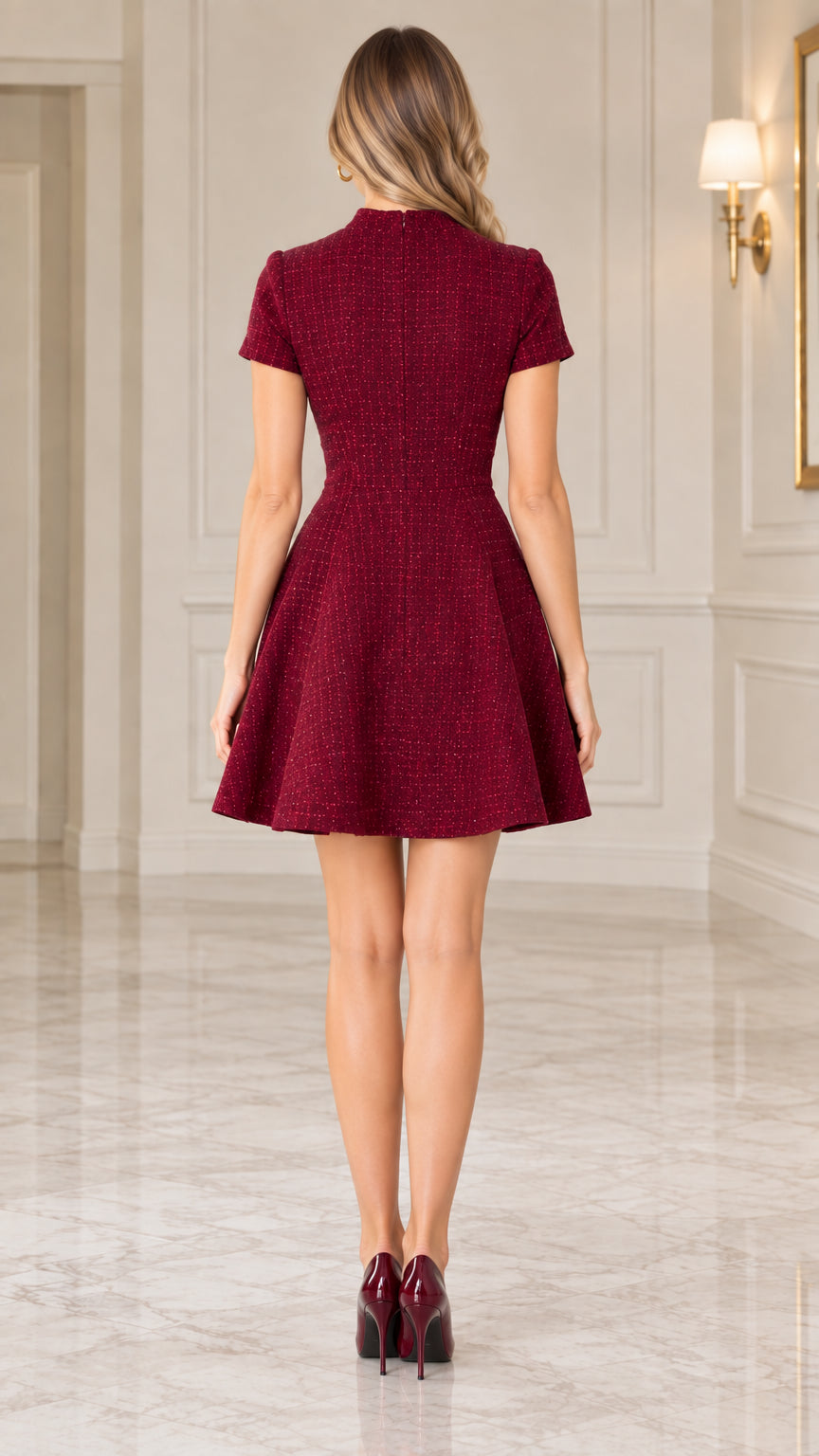Back view of model wearing burgundy textured A-line dress