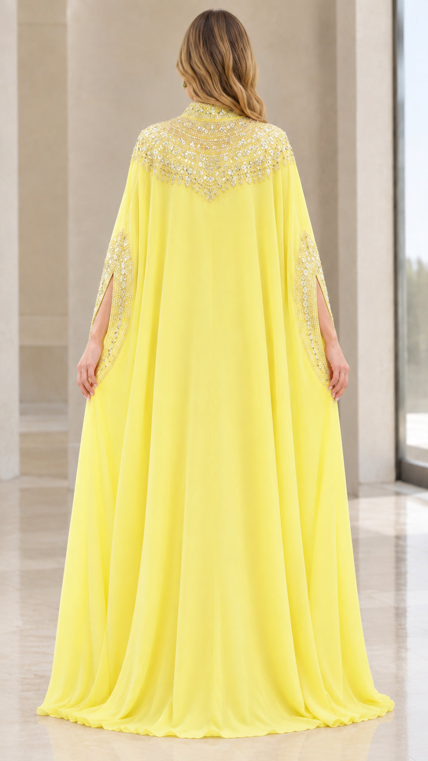 Back view of yellow beaded high neck maxi cape dress